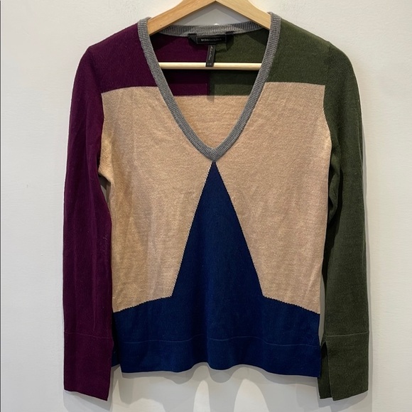 BCBG Maxazria merino wool geometric block color sweater pullover XXS v neck - Picture 1 of 11